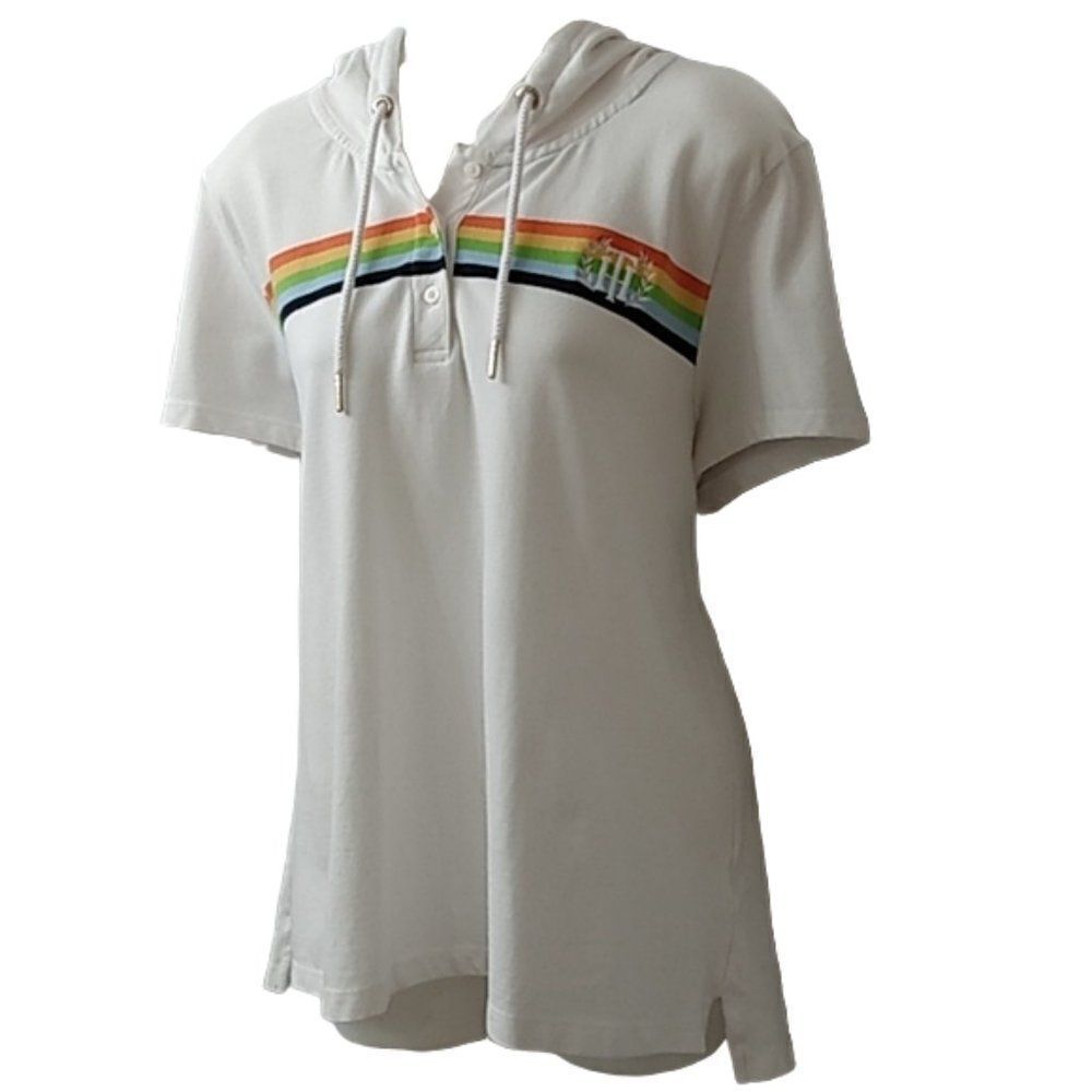 Tommy Hilfiger White with Rainbow Stripe Short Sleeve Hooded T-Shirt Tee Size XL - Picture 5 of 10